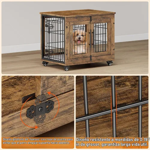 Vista 7 de Muebles de jaula para perros pequeños, perrera resistente de 27.1 pulgadas con cojín y ruedas Rustic Brown, Double Doors, Wooden Dog Cage
