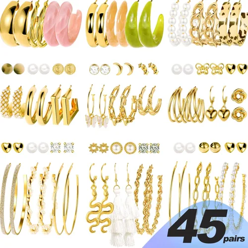 Vista 2 de Juego de 45 pares de aretes de aro dorados para niñas y mujeres, juego de aretes gruesos trenzados pequeños y grandes, aretes para mujer, paquete