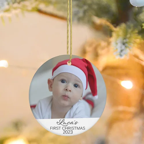 Vista 6 de Adorno de Navidad personalizado con foto 2023, decoración de árbol de Navidad de cerámica personalizada con cualquier imagen/texto, adorno de Círculo
