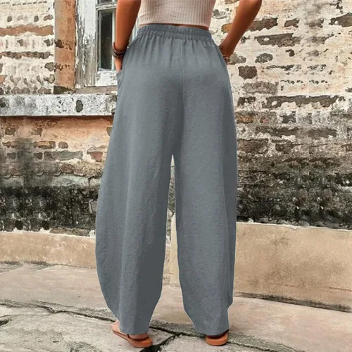 Vista 2 de Flowy Pants for Womens Womens Solid Color Casual Pants Trousers Elastic Waist Pockets Wide Leg Trousers