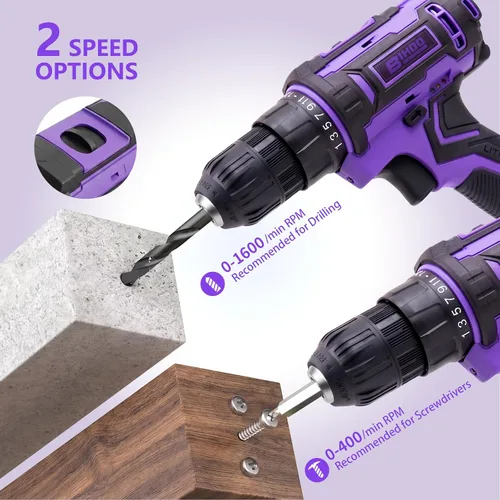 Vista 6 de Purple 20V Cordless Drill Electric Drill set, Electric Screwdriver with 2 Batteries & Charger, 3/8" Keyless Chuck, 25+1 Torque 2-Speed Hammer Drill
