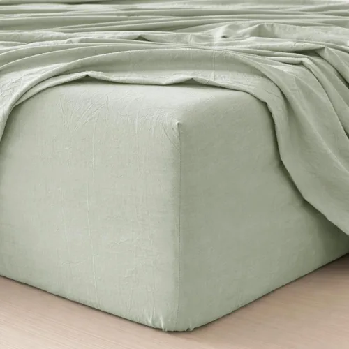 Vista 16 de MooMee Sábana bajera ajustable únicamente, 100% algodón lavado con textura tipo lino, transpirable, duradera, suave, cómoda, bolsillo profundo se