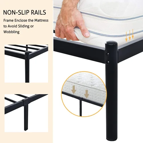 Vista 6 de SHA CERLIN Base de cama de metal con cabecera vintage, plataforma resistente con postes redondos, 12 pulgadas debajo de la cama para almacenamiento