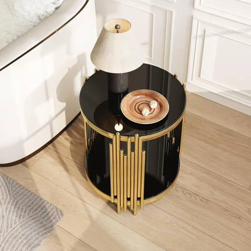 Vista 2 de Mesa auxiliar redonda de vidrio de 20 pulgadas, mesa auxiliar circular dorada de 2 niveles con patas de acero inoxidable y vidrio templado negro