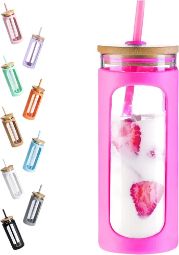Vista 48 de Kodrine Vaso para agua de vidrio de 20 onzas con popote y tapa, botella de agua con tapas de bambú, taza para café helado, reutilizable, boca ancha