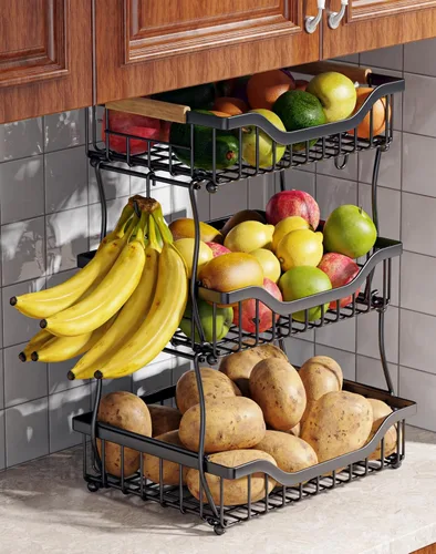 Vista 8 de OKZEST Cesta de frutas de 3 niveles para encimera de cocina, frutero colgante de pared y organizador de encimera de cocina con 2 ganchos de plátano