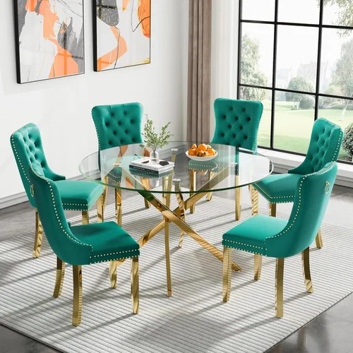 Vista 21 de Juego de mesa de comedor SSLine moderno de 3 piezas con mesa redonda de vidrio para 2, lujosa mesa de comedor circular de 36" con tapa de vidrio