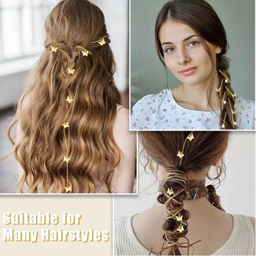 Vista 4 de 4 cadenas trenzadas de cabello de mariposas, joyas para el cabello con diamantes de imitación, pinzas para el cabello de mariposas, accesorios