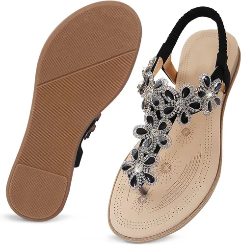 Vista 5 de iCKER Sandalias planas de verano elegantes con diamantes de imitación para mujer, sandalias cómodas