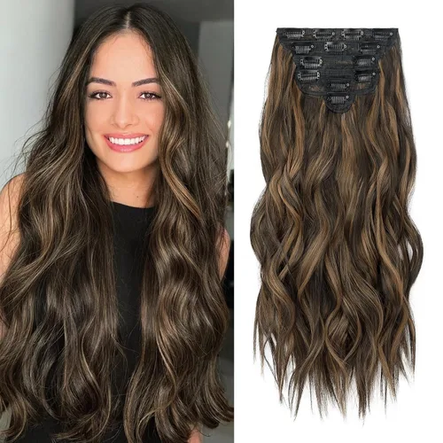 Vista 39 de Fliace Extensiones de cabello con clip para mujer, extensiones de cabello ondulado largo de color marrón medio, extensiones de cabello sintético