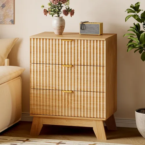 Vista 55 de BORNOON Cómoda acanalada de 3 cajones, 30.3 pulgadas de alto, cómoda bohemia compacta y moderna, armario de almacenamiento de madera
