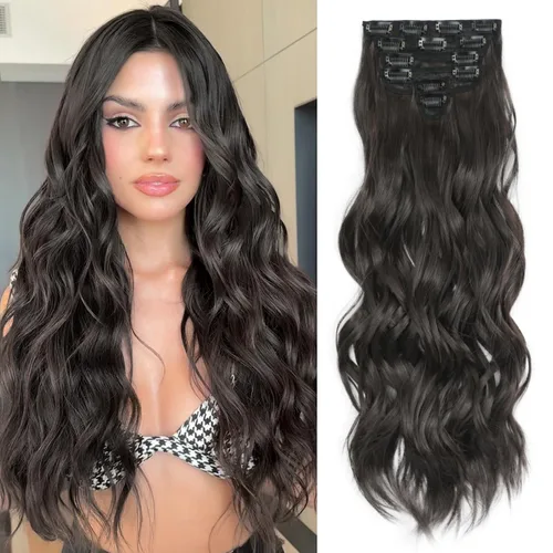 Vista 15 de Extensiones de cabello con clip para mujer, mezcla negra oscura con reflejos marrón claro, 20 pulgadas, 6 piezas, extensiones de cabello largo