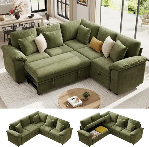 Vista 24 de Ihanherry Sofá modular de 86 pulgadas con cama extraíble, sofá cama modular en forma de L de 4 plazas con otomana de almacenamiento, sofás Verde