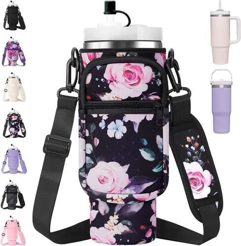 Vista 8 de AceTreker Bolsa de transporte para botella de agua con correa para vaso Stanley de 40/30 onzas, funda aislante de neopreno con bolsillo para 01-Crema