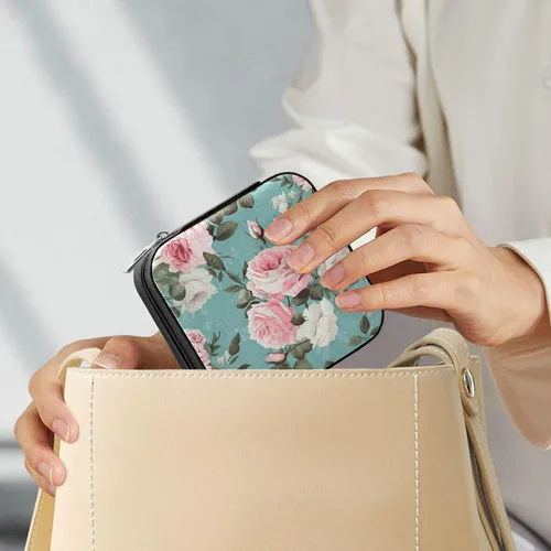 Vista 7 de Flradish Pink White Roses Travel Jewelry Case PU Leather Mini Jewelry Travel Case Portable Travel Jewellery Ring Organizer for Womens Rings Earrings