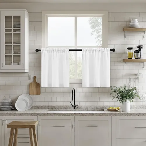 Vista 47 de Cortinas de cocina de lino semitransparente beige de 24 pulgadas de largo, 2 paneles Cream, Cafe Short Curtains, for Bathroom Small Windows, Light