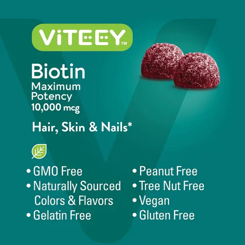 Vista 5 de Viteey Gomitas de biotina - 10,000 mcg - 60 unidades Gomitas de biotina para el crecimiento del cabello para la piel y las uñas, veganas, sin
