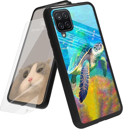 Vista 164 de Funda para Samsung Galaxy A12 5G con protector de pantalla, parte trasera de vidrio templado + TPU de silicona suave que absorbe los golpes