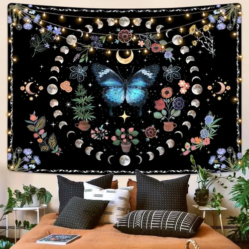 Vista 10 de Fowocu Tapiz bohemio con mandala floral para colgar en la pared, medallón de flores bohemias, tapiz estético, beige, naranja, hippie, indio, pequeño