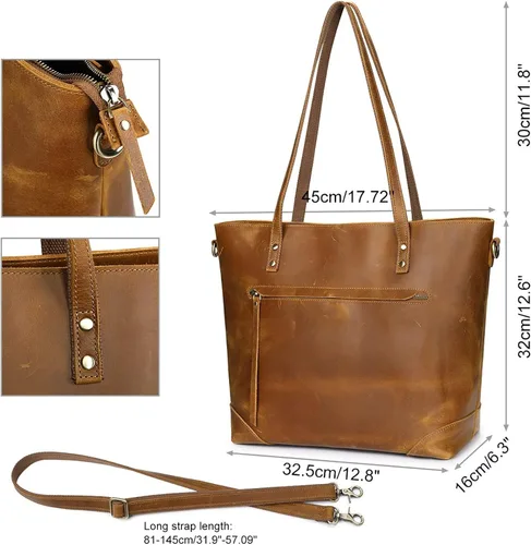Vista 5 de S-ZONE - Bolso de mano de piel auténtica vintage para portátil, Bolsa de trabajo para mujeres con bolsillo trasero con cremallera