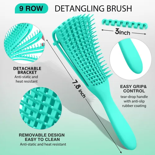 Vista 6 de Juego de 2 cepillos para el cabello, cepillos para el cabello para mujeres, hombres y niños, para cabello húmedo y seco, rizado, grueso, fino, Verde