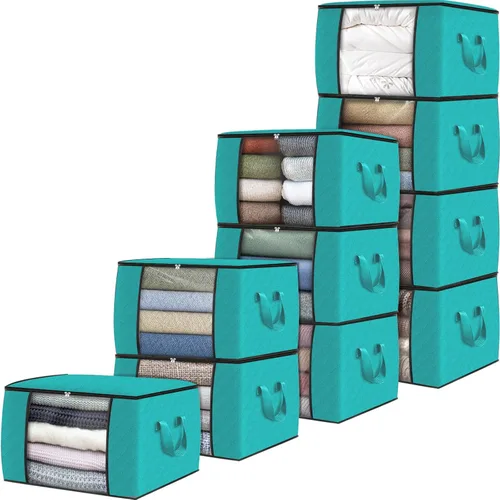Vista 62 de Fab totes Paquete de 3 bolsas de almacenamiento plegables de tela gruesa, contenedores para organizar dormitorio, armario, ropa, edredón, Beige
