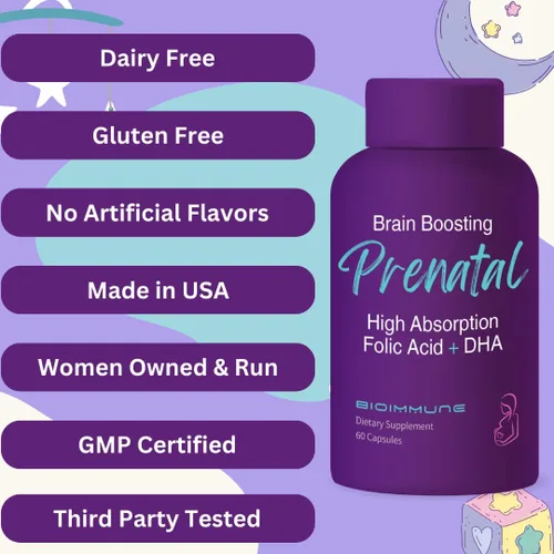 Vista 4 de BioImmune Vitaminas prenatales biodisponibles ultra fuertes para mujeres, ácido fólico folato metilado de origen natural, DHA Omega 3. Apoya