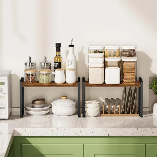 Vista 6 de Giikin Organizador de encimera de cocina, juego de 2 estantes de encimera de cocina, estante elevador para estante de especias para armario y Marrón