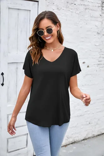 Vista 2 de Herou Camisetas básicas de manga corta con cuello en V para mujer, estilo casual, holgadas, suaves para mujer