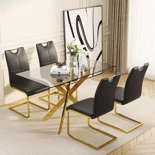 Vista 17 de Juego de mesa de comedor de vidrio de 51 pulgadas para 4 personas con tapa de vidrio templado, color negro Patas de metal negro, sillas de cuero