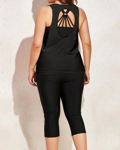 Vista 2 de Yonique Trajes de baño de 3 piezas de talla grande para mujer, tankini con brasier deportivo y capris de natación, trajes de baño atléticos
