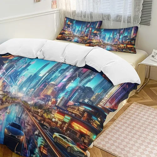 Vista 18 de Art Duvet Cover Full Size, Ultra Soft Microfiber Night Scenery Bedding Set, 3 Pieces City View Pattern Comforter Cover Set with Zipper Closure