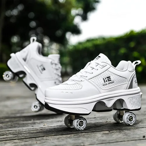 Vista 4 de Zapatos patines 2 en 1 con 4 ruedas retráctiles y zapatillas de deformación emergentes para deportes al aire libre y patinaje para niñas y niños