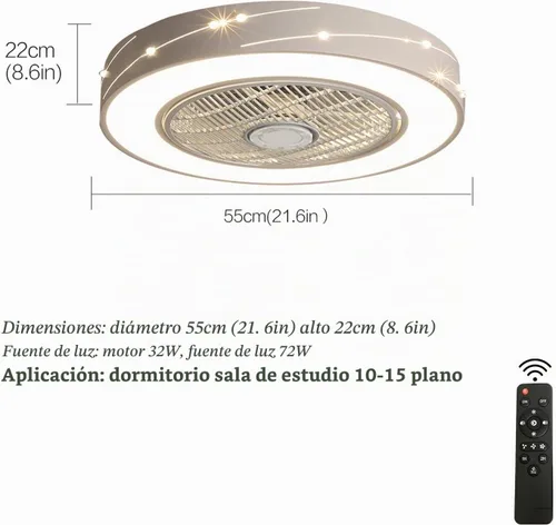 Vista 2 de Ventilador de techo con luz, LED de 22 pulgadas, modos de iluminación totalmente regulables con control remoto, cuchillas acrílicas invisibles