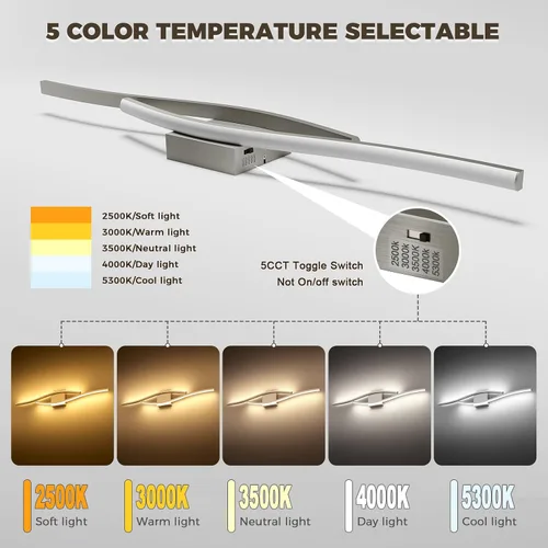 Vista 2 de Joossnwell Luces de tocador de níquel cepillado para accesorios de iluminación de baño, sobre espejo, regulables, 5CCT, moderno, lámpara de pared