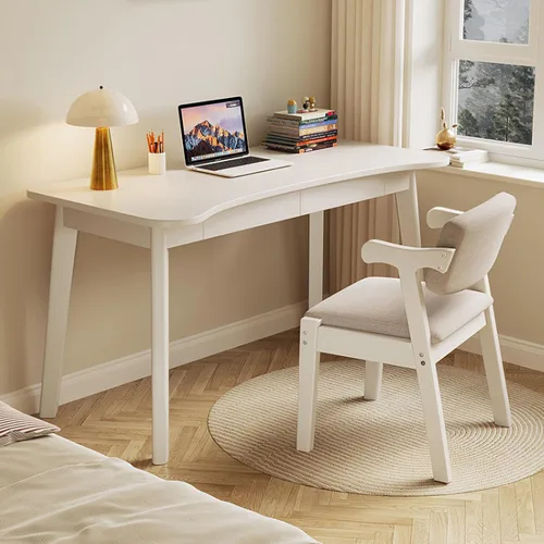 Vista 5 de Escritorio para computadora con 2 cajones, escritorio moderno de oficina en casa, mesa de estudio curvada de madera maciza (31 pulgadas, natural)