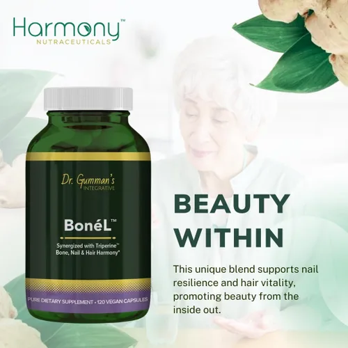 Vista 11 de Harmony Nutraceuticals Bone'L - Armonía de huesos, uñas y cabello, máxima potencia, máxima bioactividad, cápsulas veganas, fabricadas en Estados