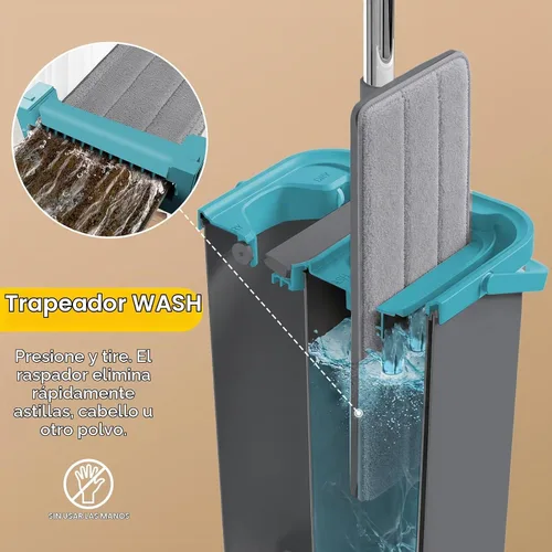 Vista 2 de Midyb Sistema de cubo de fregona plana, fregona húmeda y seca para limpieza Mango de acero inoxidable de 54 pulgadas, 4 almohadillas de microfibra