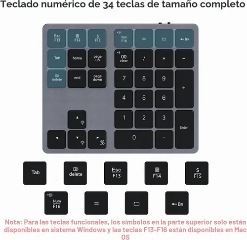 Vista 5 de Doohoeek Teclado numérico Bluetooth retroiluminado para computadoras portátiles y computadoras, almohadillas numéricas de 34 teclas con Gris