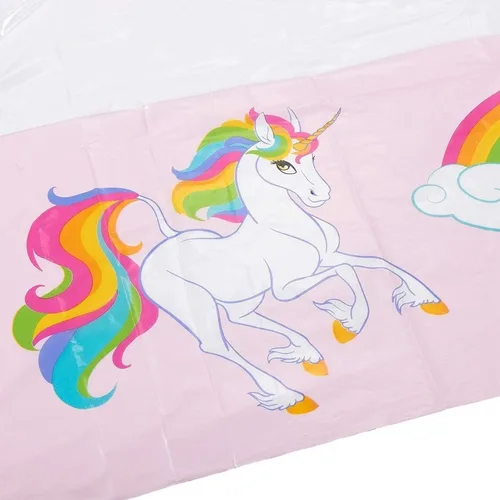 Vista 3 de BLUE PANDA Manteles de unicornio – Paquete de 3, 54 x 108 pulgadas, desechables de plástico rectangular rosa y blanco, decoración de cumpleaños