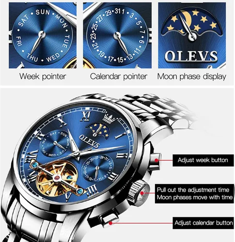 Vista 6 de OLEVS Relojes de cuerda automática para hombre, reloj de pulsera mecánico con diseño de esqueleto Tourbillon, relojes automáticos de acero