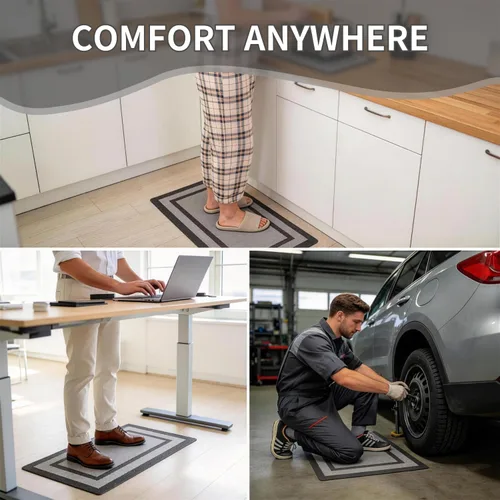 Vista 6 de Tapete de cocina de PVC de alta calidad con diseño geométrico, resistente antifatiga y antideslizante, para fregaderos y estufas, negro y gris