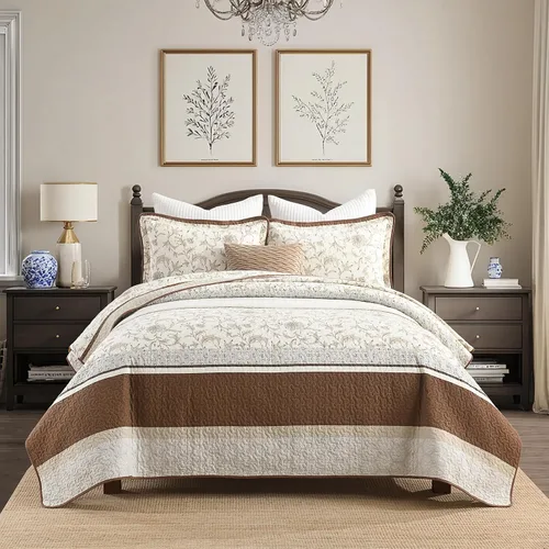 Vista 2 de DDUOXIN Edredón 100 % algodón, tamaño Queen, moderno, botánico, con 2 fundas de almohada, colcha con estampado floral a rayas, juego de ropa de cama