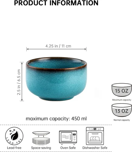Vista 2 de Henten Home Juego de 4 cuencos de cerámica para ensalada de 15 onzas, cuencos de arroz de porcelana para cocina, cuencos de sopa para servir esmalte