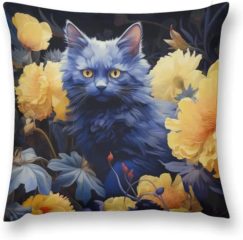 Vista 2 de Blue Cat in Bloom - Funda de almohada decorativa cuadrada suave con estampado de doble cara de 12 x 12 pulgadas, adorables almohadas de animales