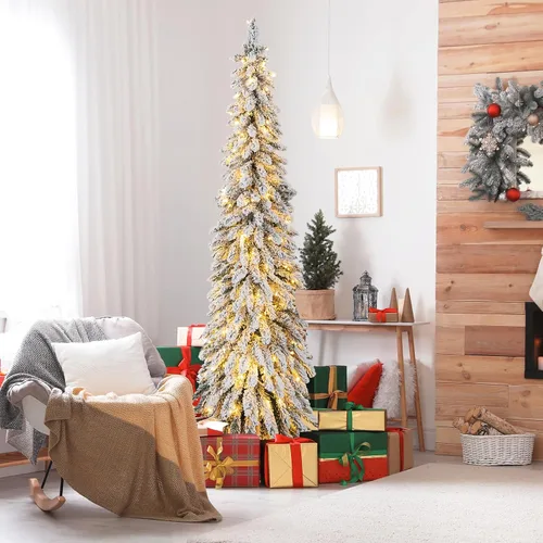 Vista 2 de GOFLAME Árbol de Navidad Artificial Preiluminado de 6 Pies, Árbol de Navidad Delgado con Cobertura de Nieve y Forma de Lápiz con Luces LED