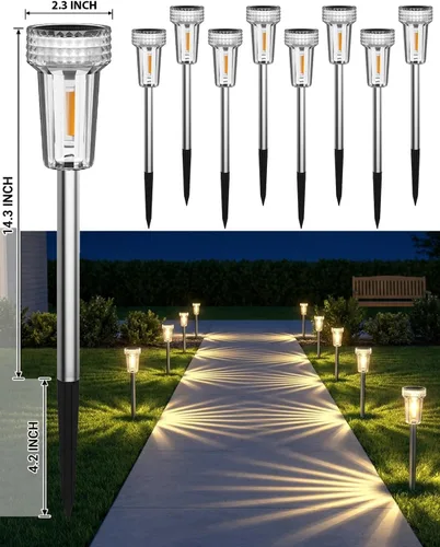 Vista 3 de DERAYSION Luces solares para exteriores, paquete de 8 luces impermeables para caminos de jardín, iluminación con poste de acero inoxidable