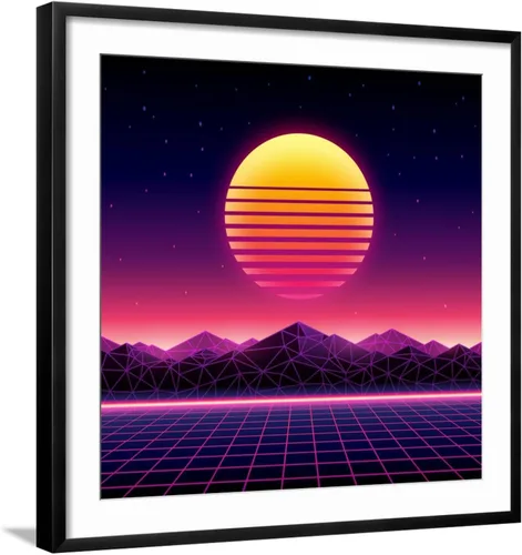 Vista 14 de ART.COM Wall Art Print Retro Futuristic Background 1980S Style. Digital Landscape in a Cyber World. Retro Wave Music Album on Black Frame by Kelvin