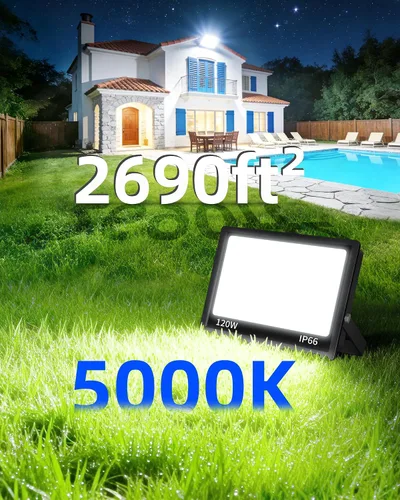 Vista 2 de Luz de inundación LED de 120 W para exteriores con enchufe, luces de seguridad superbrillantes de 14400 lm con cable, luz de trabajo LED impermeable