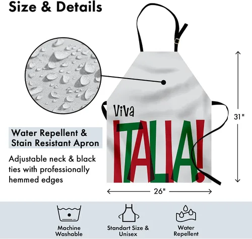 Vista 4 de Lunarable Viva Italia - Delantal de bandera italiana, palabras en colores de la bandera, celebración nacional, estilo de vida, babero de cocina
